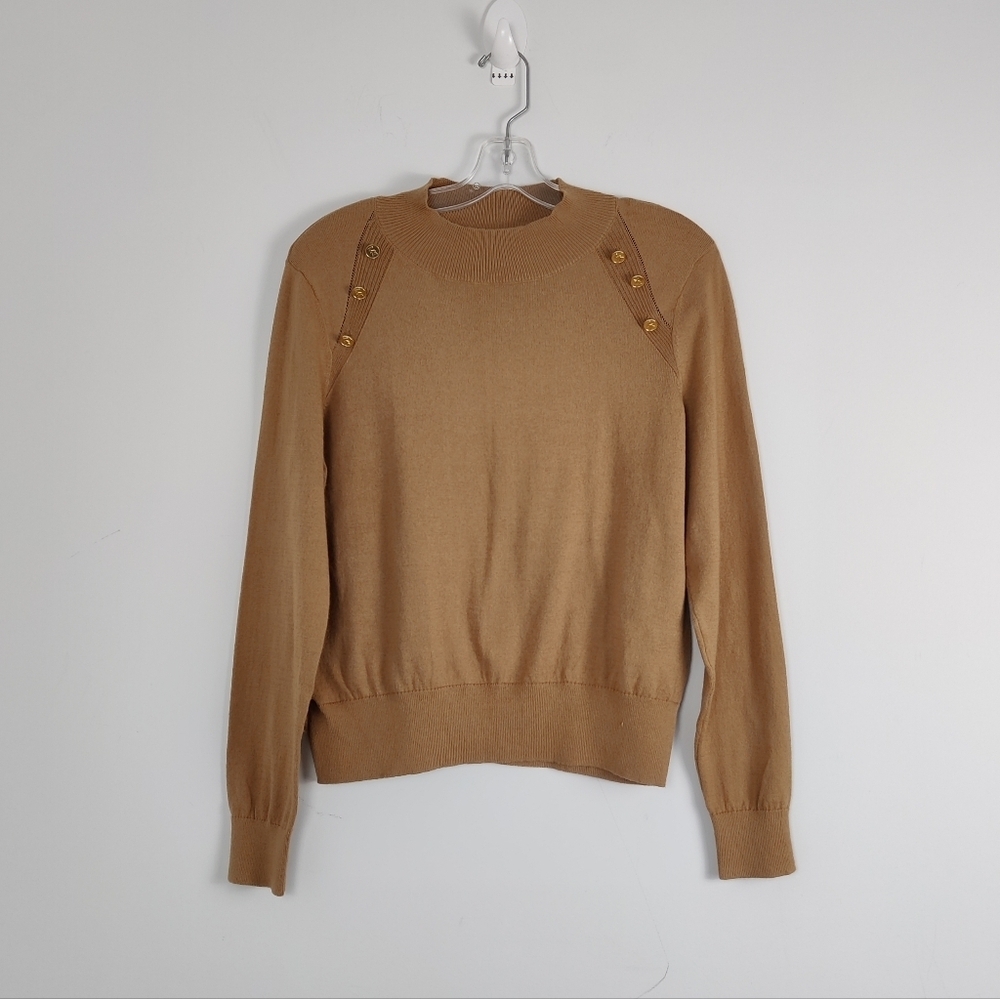 Michael Kors Cotton Blend Sweater with Gold Button Detail, Camel, Size XL NEW